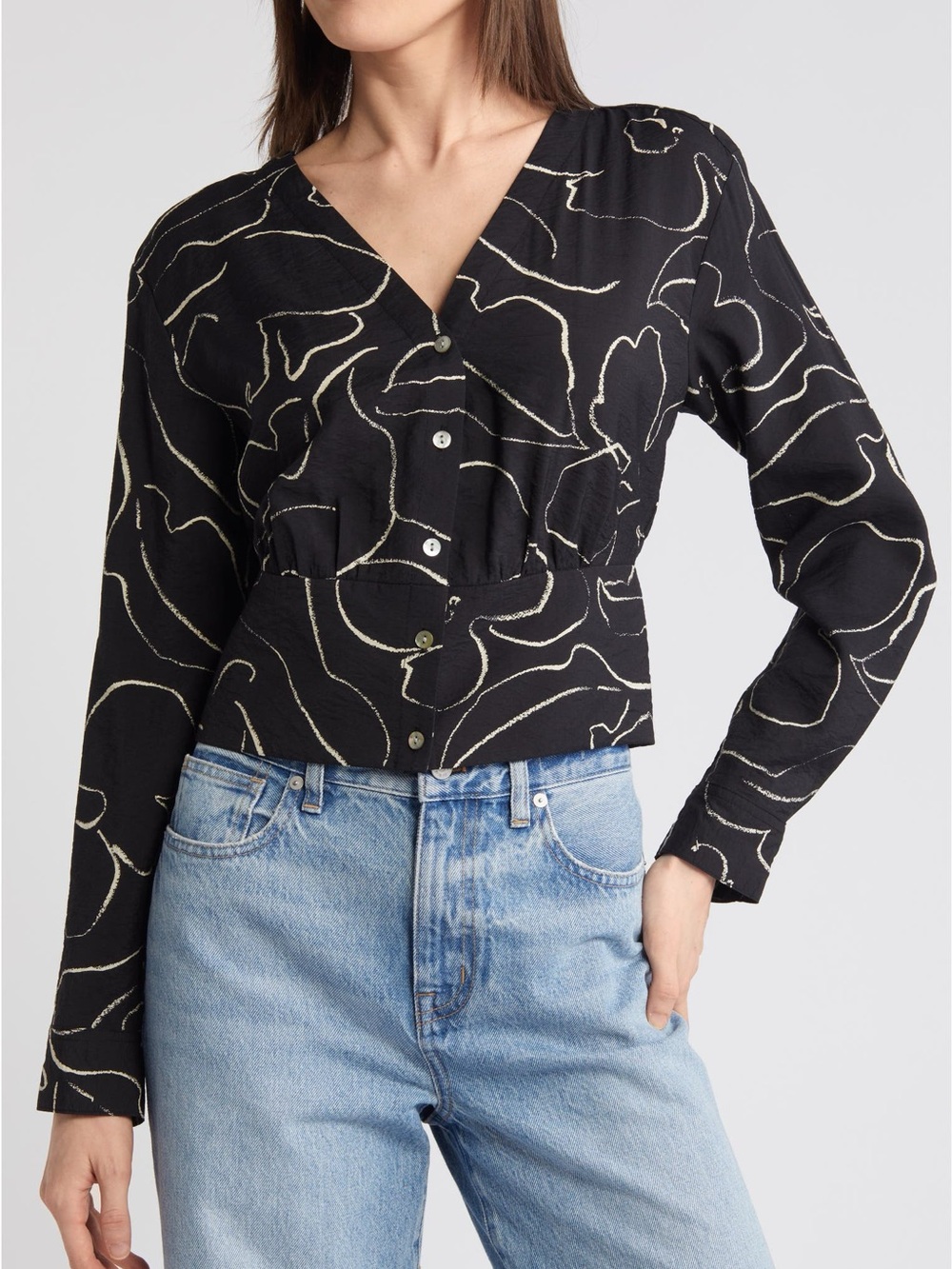 NWT Madewell Lusterweave V Neck Button Front Shirt, Black Abstract Print – XL